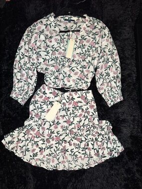 Shore Floral Puff-Sleeve 2 piece Mini in White and Pink NWT